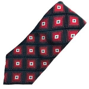 Geoffrey Beene Tie Red Black Grey Geometric Diamond Pattern 100% Silk Necktie